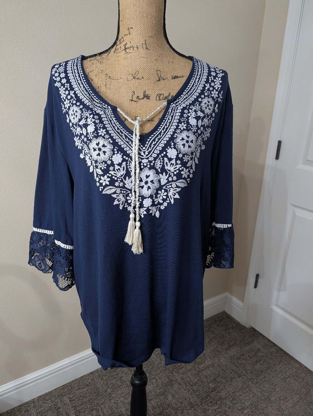 Energie Navy Tunic with White Floral Embroidery and Tassel Tie